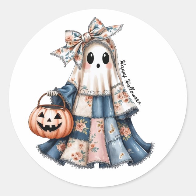 Happy Halloween spooky patchwork ghost Classic Round Sticker (Front)