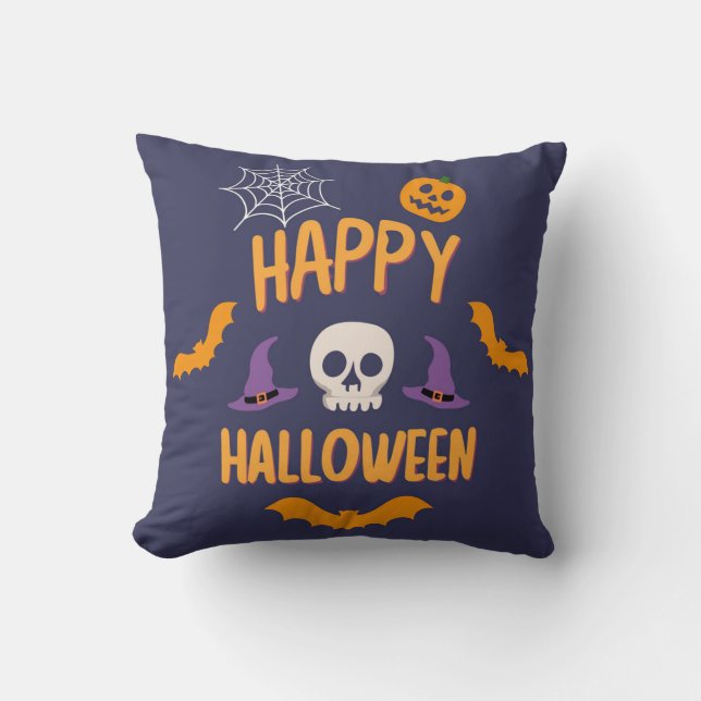 Happy Halloween spooky pumpkin bat orange design Cushion (Front)