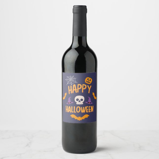 Happy Halloween spooky pumpkin bat orange design Wine Label (Front)