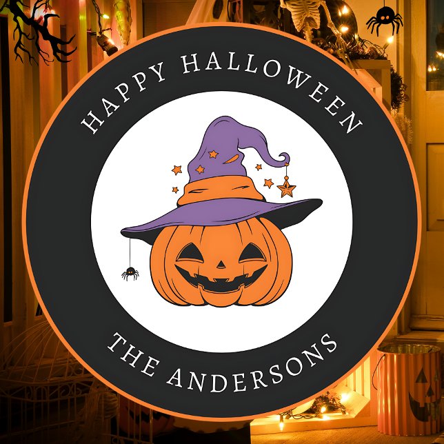 Happy Halloween Spooky Pumpkin Custom Text Classic Round Sticker (Creator Uploaded)
