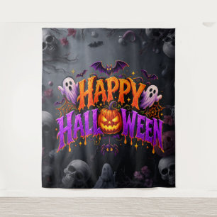 Happy Halloween Spooky Pumpkin Ghosts Bats Tapestry