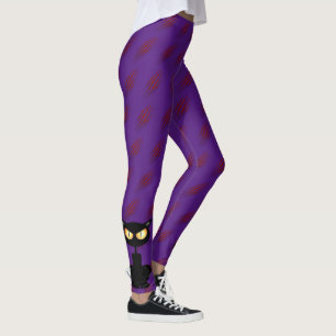 Happy Halloween Spooky Purple Black Cat Leggings