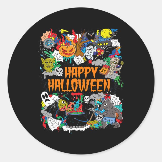 Happy Halloween Spooky Retro   Classic Round Sticker (Front)