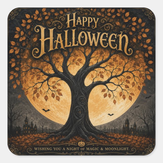 Happy Halloween Spooky Tree Full Moon Gothic Square Sticker (Front)