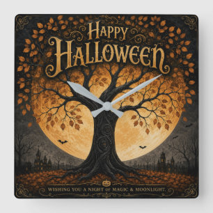 Happy Halloween Spooky Tree Full Moon Gothic Square Wall Clock