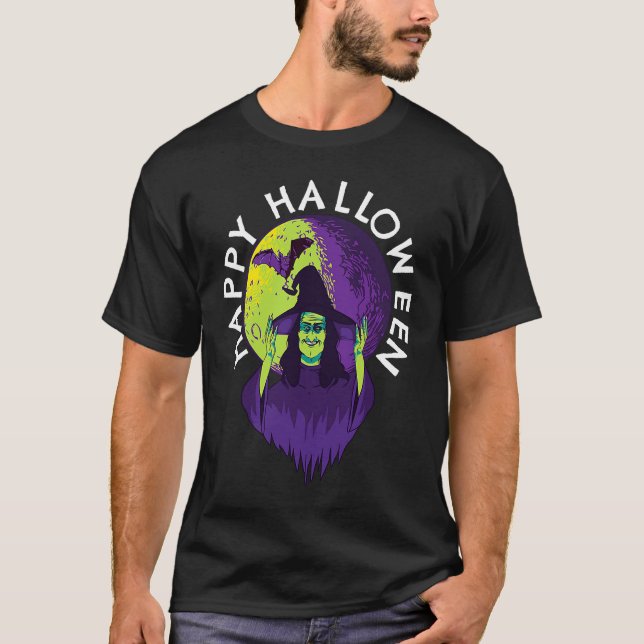 Happy Halloween Spooky Witch and Vampire Bat in Fu T-Shirt (Front)