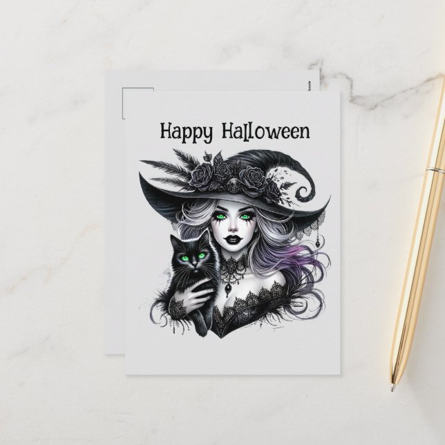 Happy Halloween spooky witch customisable  Holiday Postcard (Front/Back In Situ)