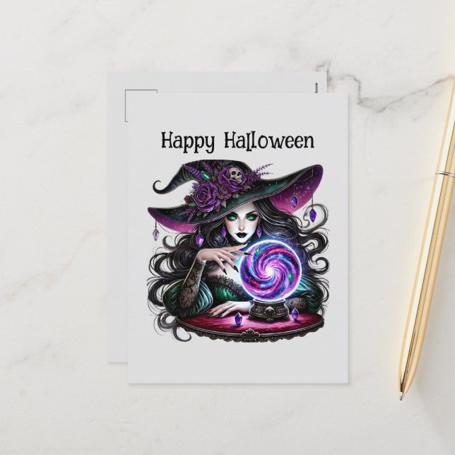 Happy Halloween spooky witch customisable  Holiday Postcard (Front/Back In Situ)