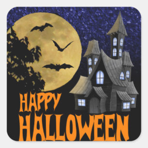 Happy Halloween sticker Haunted house Flying bats