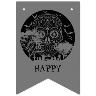 Happy Halloween Sugar Skull Graveyard Full Moon 3 Bunting