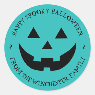 Happy Halloween teal Jack o lantern custom favour Classic Round Sticker