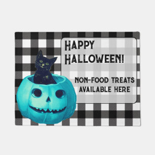 Happy Halloween Teal Pumpkin and Plaid  Doormat