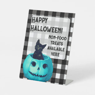 Happy Halloween Teal Pumpkin and Plaid  Pedestal Sign
