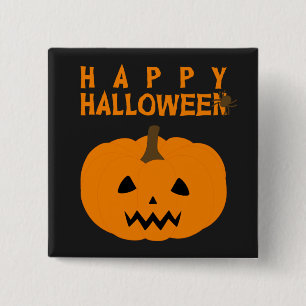Happy Halloween Text and Pumpkin on Black Button