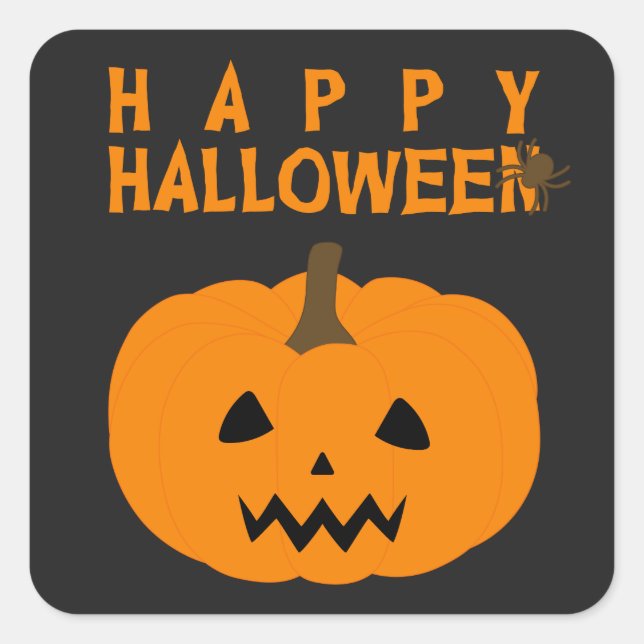 Happy Halloween Text and Pumpkin on Black Square Sticker (Front)