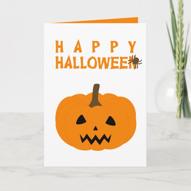 Happy Halloween Text and Pumpkin on White Card (Front)