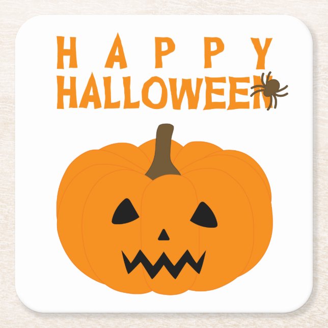 Happy Halloween Text and Pumpkin on White Square Paper Coaster (Front)