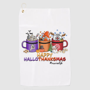 happy halloween thanksgiving christmas funny nurse golf towel