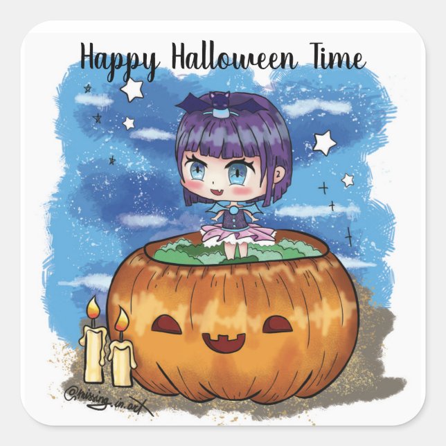 Happy Halloween Time Chibi Pumpkin Square Sticker (Front)