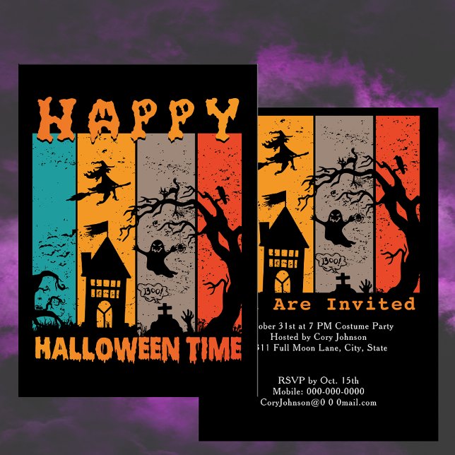 Happy Halloween Time Retro Witch House Ghost Grave Invitation (Happy Halloween Time Retro Witch House Ghost Grave Invitation)