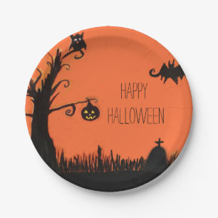 Happy Halloween Tree Ghost Bat Paper Plates