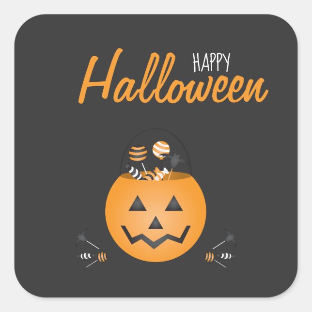 Happy Halloween Trick Or Treat Pumpkin Bucket Square Sticker (Front)