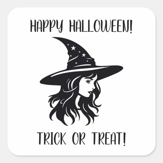 Happy Halloween Trick or Treat Witch in Black Hat Square Sticker (Front)