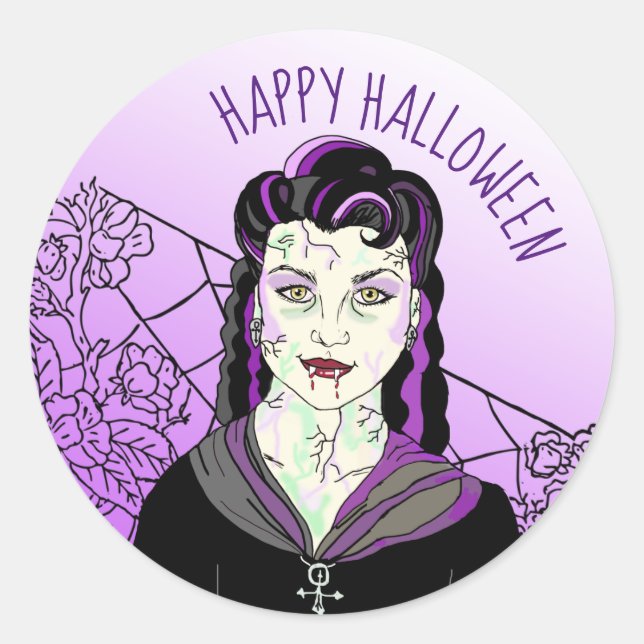 Happy Halloween Vampire and spiderwebs Classic Round Sticker (Front)