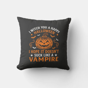 Happy Halloween Vampire Pumpkin Witch Hat Bats Cushion