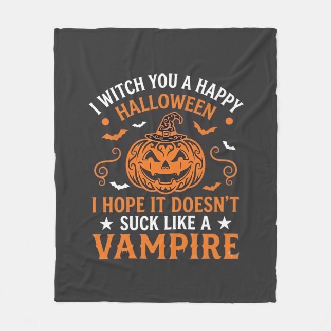 Happy Halloween Vampire Pumpkin Witch Hat Bats Fleece Blanket (Front)