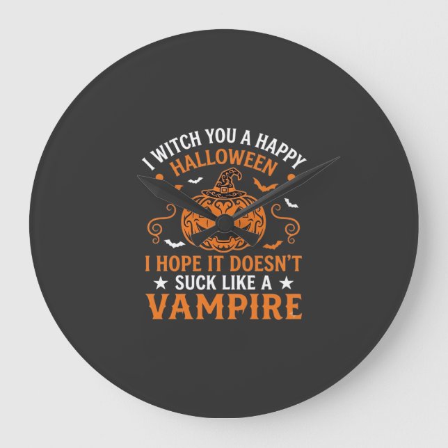 Happy Halloween Vampire Pumpkin Witch Hat Bats Large Clock (Front)