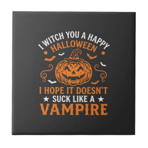 Happy Halloween Vampire Pumpkin Witch Hat Bats Tile