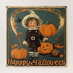 Happy Halloween Vintage Child and Pumpkins Jigsaw Puzzle