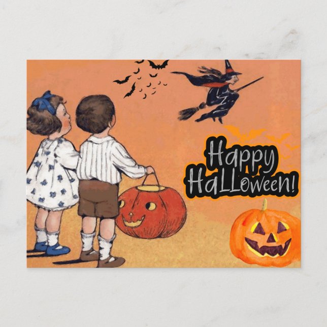 Happy Halloween Vintage Children, Witch, Pumpkins Postcard (Front)