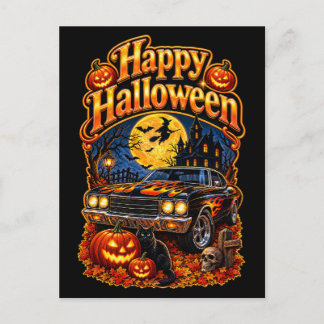 Happy Halloween Vintage Classic USA Muscle Car Postcard