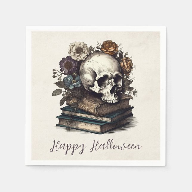 Happy Halloween Vintage Skull Books Dark Academia Napkin (Front)