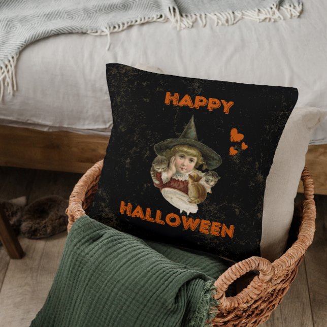 Happy Halloween vintage witch with kittens Cushion (Creator Uploaded)
