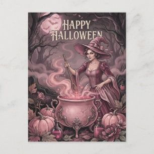 Happy Halloween Vintage Witct&Pink Potion Cauldron Holiday Postcard