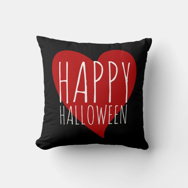 Happy Halloween w/ Red Heart Black & Red Stripes Cushion (Front)
