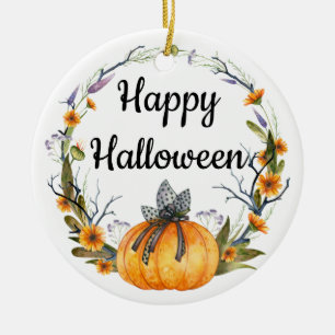 Happy Halloween Watercolor Pumpkin Wreath Ceramic Tree Decoration