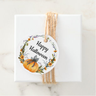 Happy Halloween Watercolor Pumpkin Wreath Favour Tags