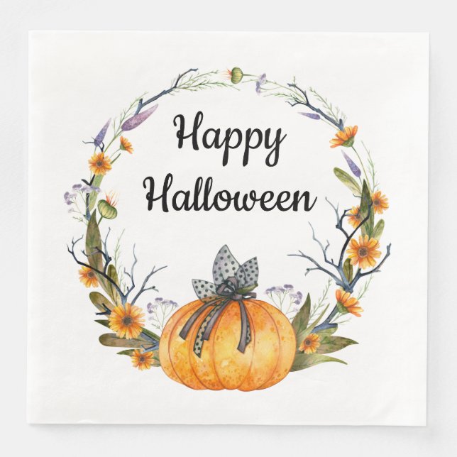 Happy Halloween Watercolor Pumpkin Wreath Napkin (Front)
