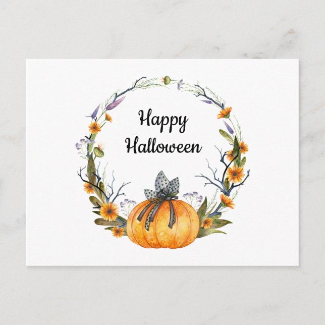 Happy Halloween Watercolor Pumpkin Wreath Postcard (Front)