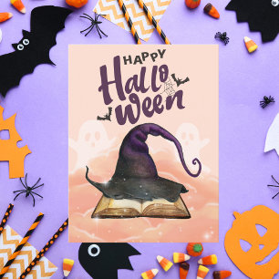 Happy Halloween Watercolor Witch Hat and Spellbook Holiday Card