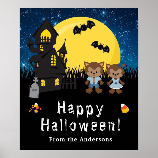 Happy Halloween Werewolfs Blue Party Sign (Front)