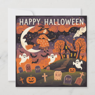 Happy Halloween Whimsical Witch on the Broom Holiday Card