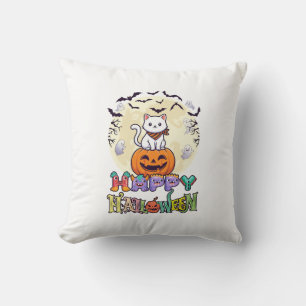 Happy Halloween White Cat Pumpkin Moon Bats Ghosts Cushion