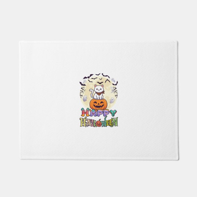 Happy Halloween White Cat Pumpkin Moon Bats Ghosts Doormat (Front)