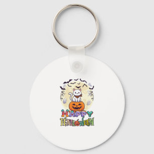Happy Halloween White Cat Pumpkin Moon Bats Ghosts Key Ring