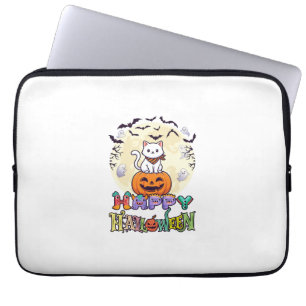 Happy Halloween White Cat Pumpkin Moon Bats Ghosts Laptop Sleeve